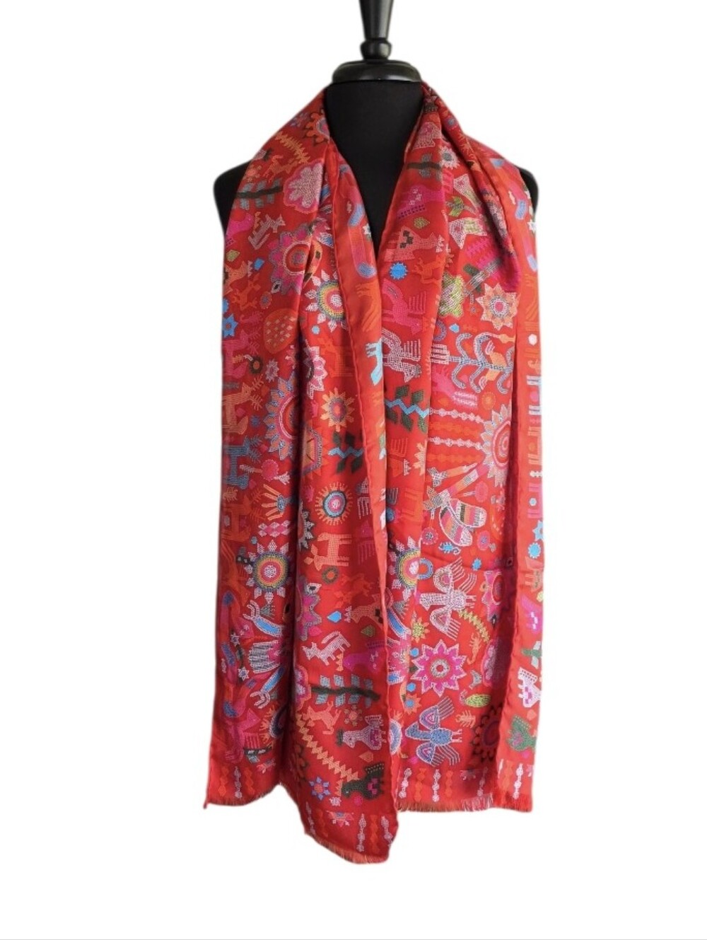 Pineda Covalin Silk Scarf Luxury Mexican Red Huichol Art Print Bohemian Wrap